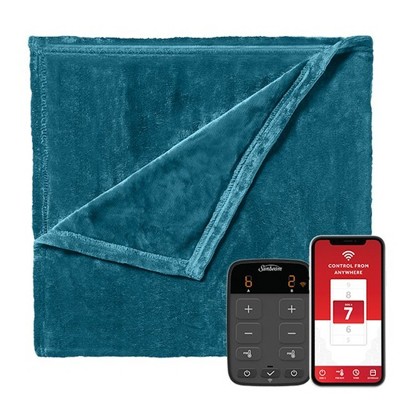 Sunbeam Velvet WiFi Connected Dual Temperature Warm Thermal Heated Electric Blanket with Controller, App, and Voice Assistant, Queen, Legion Blue