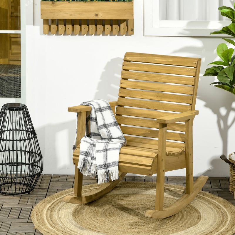Outsunny Wooden Outdoor Rocking Chair, Traditional Slatted Wood Rocker with Armrests for Indoor & Outdoor, Light Brown, 3 of 7