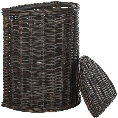 Brown Wicker Upright Hamper with Lid and Cotton Liner