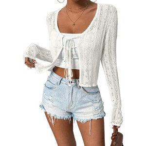 Women's Summer Long Sleeve Tie Front Cropped Cardigan Casual Rib Knit Shrug Sweaters Hollow Out Cardigan - 1 of 1