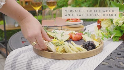 Acacia Wood and Slate Round Cheese Board with Mesh Dome Cover