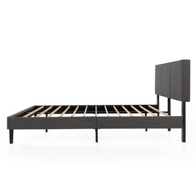 Elegant Gray Queen Upholstered Platform Bed with Bamboo Slats