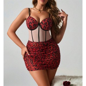 Clotth Womens Leopard Print Lingerie Set - Ruched Mesh Chemise, Elegant Babydoll with & Thong, Transparent Fishbone Bra, Leopard - 1 of 4
