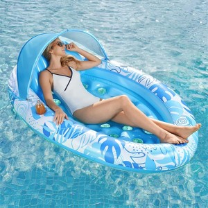 Joyfy Pool Floats Lounger with Canopy, Oval Pool Floaties for Adults Floaty Chair with Cup Holders & Removable Backrest & Adjustable Sun Shade Cover - 1 of 4
