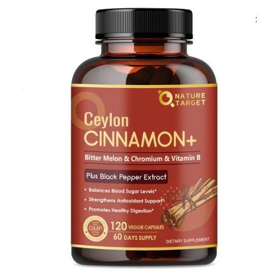 NATURE TARGET Ceylon Cinnamon Supplements Plus Chromium, Bitter Melon, Vegetarian - 120 Capsules