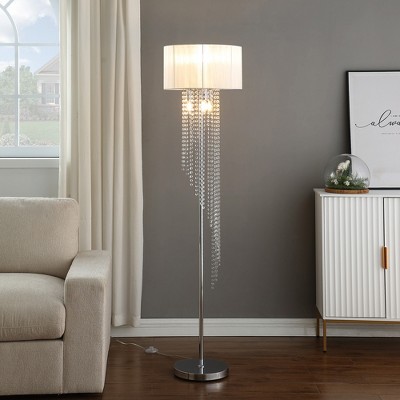 Vynxaria 65.75 Inch Floor Lamp with White Drum Shade and Crystal - Adorned Chrome Metal,Perfect for Bedroom and Living Room Decoration