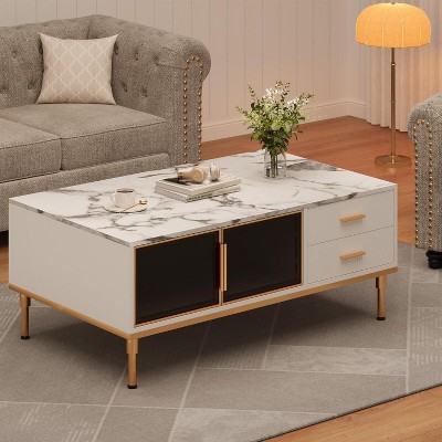 Coffee Table Modern Coffee Table for Living Room with 4 Drawers Glass-Front Cabinets Faux Marble Fluted Panel Design Stylish Storage Solution White