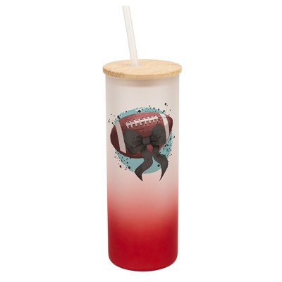Elanze Designs 25 Ounce Frosted Glass Gradient Travel Tumbler With Straw and Wooden Lid, Football Paint Splatter Red