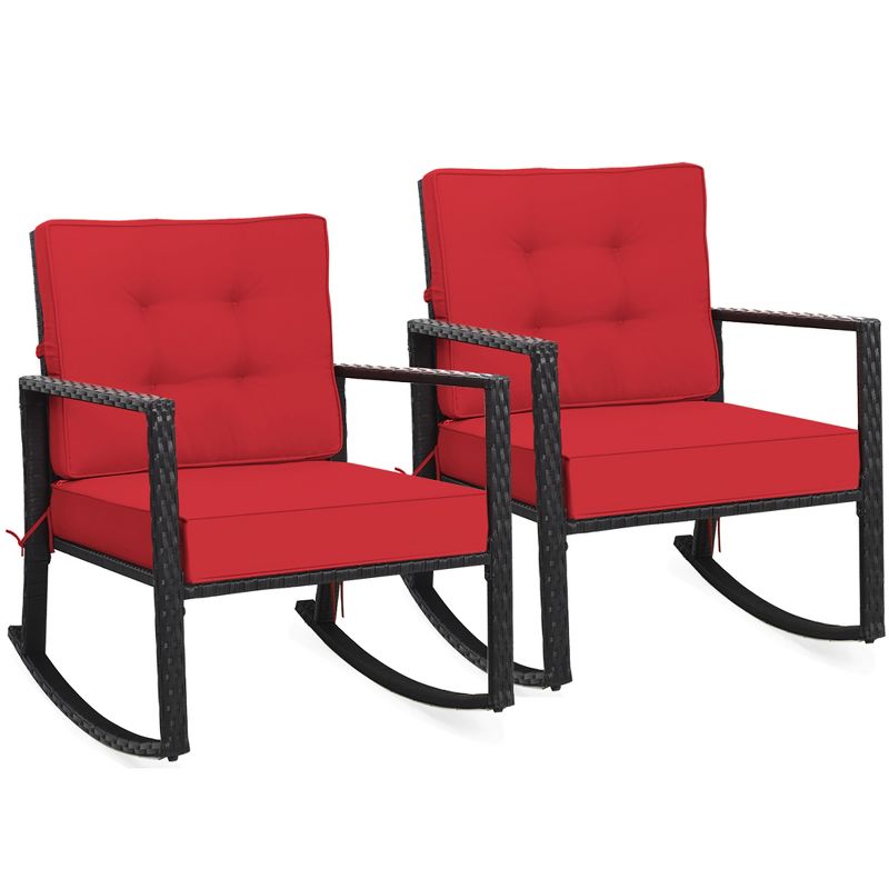 Costway 2PCS Patio Rattan Rocker Chair Outdoor Glider Rocking Chair Cushion Turquoise\Red, 1 of 10