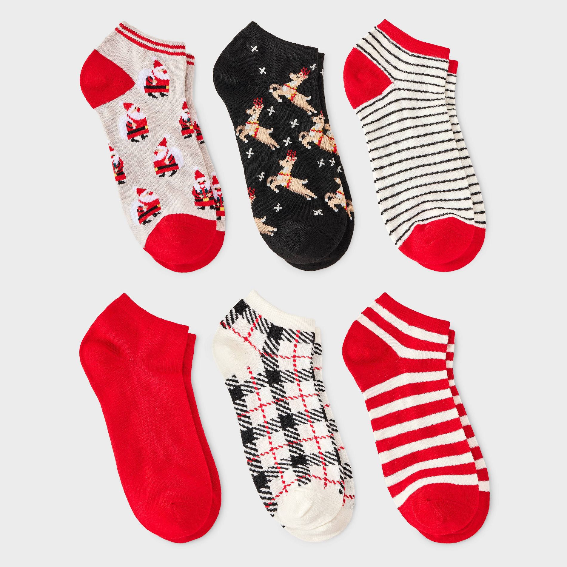 Women's Reindeer & Stripes Christmas 6pk Low Cut Socks - Wondershop™ Black/Red/White 4-10