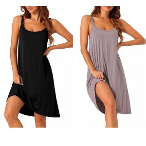 cheibear Women's Cross Back Spaghetti Straps Suspenders Pajama Dress 2 Pcs - 1 of 4