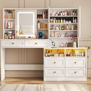 Large Vanity Desk & Nightstand Combo with Sliding Mirror, Lights & Power Outlet - 1 of 4