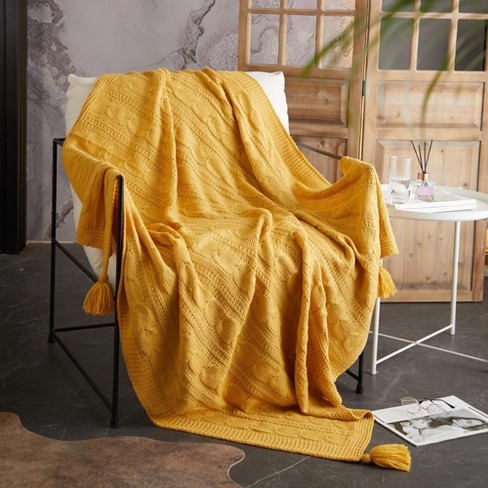 Chic Home Jorja Knitted Throw Blanket Plush Super Soft Textured Pattern With Corner Tassel Trim 50x60 Mustard