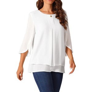 Seta T Women's Casual Round Neck 3/4 Sleeve Double Layered Chiffon Blouse - 1 of 4