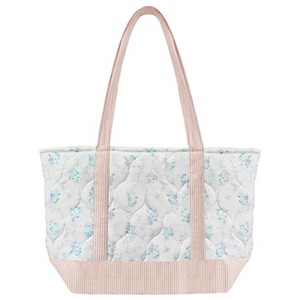 Women Top Zipper Large Floral Quilted Tote Bag for Work Travel Gym Shopping (PINK/BLUE) - 1 of 4