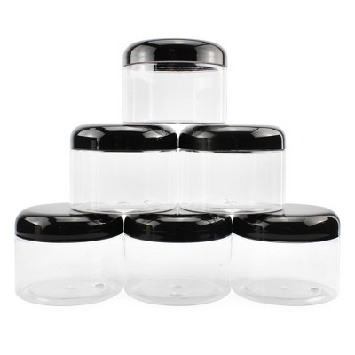 Cornucopia Brands Clear Plastic Jars w/ Black Plastic Lids 6pk; BPA Free for Bathroom, Kitchen, Crafts