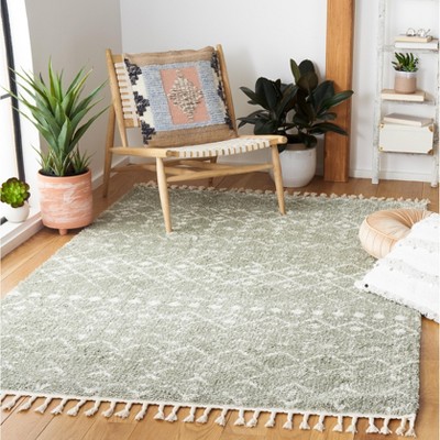 Sage and Ivory Synthetic Shag Rug with Fringe Detail