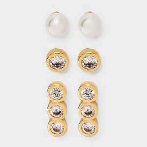 14K Gold Plated Cubic Zirconia Bezel and Simulated Pearl Flat Back Stud Earring Set 3pc - A New Day™ Gold - 1 of 4