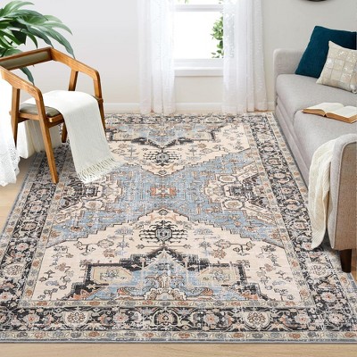 Boho Washable Rug Soft Oriental Printed Distressed Rug Vintage Floral Throw Carpet