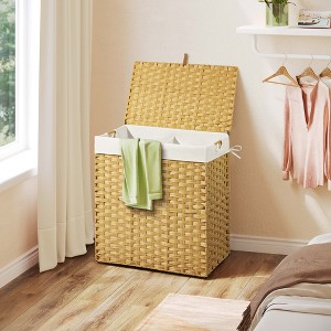 Greenstell Hand-woven, compartmentalized rattan laundry basket with 2 removable inner lining bags, lid, and handle, foldable - 1 of 4