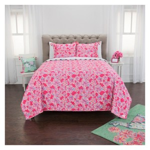 Queen Pineapple/Flowers Quilt Set Pink & Navy - Simply Southern, Pink Blue