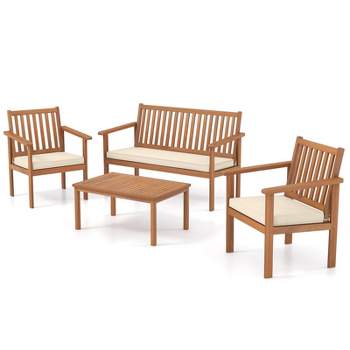 Tangkula 4PCS Wood Furniture Set w/ Loveseat 2 Chairs & Coffee Table for Porch Patio White