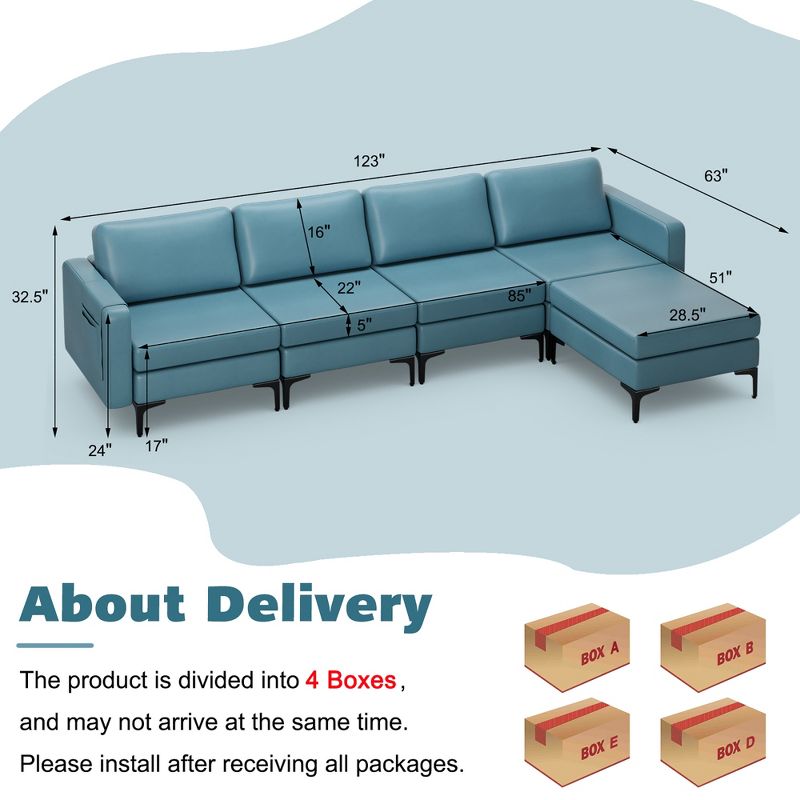 Costway Modular 4 Seat Convertible Sofa  w/ Reversible Chaise & 2 USB Ports, 4 of 11