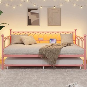 Twin Daybed with Trundle, Multifunctional Convertible Couch Bed with Built-In LED Lights，Metal Day Beds Twin Size, Sofa Bed for Living Room - 1 of 4