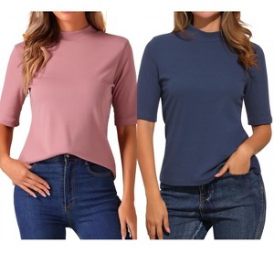 INSPIRE CHIC Women's Half Sleeve Casual Turtleneck Solid Elastic Soft T-Shirts 2 Packs - 1 of 4