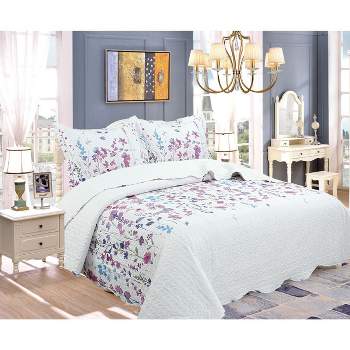 Legacy Decor 3 PCS Quilt Bedspread Coverlet White Floral Design Ultra Soft Microfiber Oversize