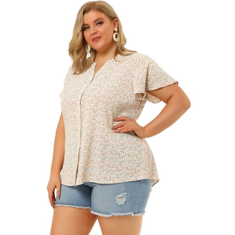 Agnes Orinda Women's Plus Size Floral Flare Short Sleeve Chiffon Button Down Shirts, 4 of 7