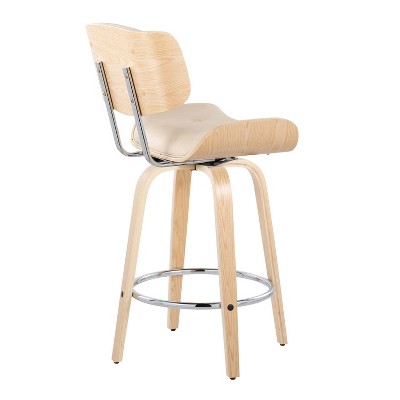 Lombardi 26" Beige Faux Leather and Walnut Wood Swivel Counter Stools - Set of 2