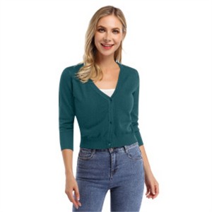 Clearlove Women's Cropped Bolero Cardigan – 3/4 Sleeve V-Neck Basic Classic Casual Button Down Knit Soft Sweater Top - 1 of 4