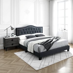 Royal Hampton Tufted Queen Burlap Bed with Curved Headboard, Charcoal Gray - 1 of 4