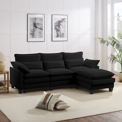 MYINDA Modern Velvet L-Shaped Sofa, 3-Seater Upholstered Sectional Sofa with Removable Feet for Living Room