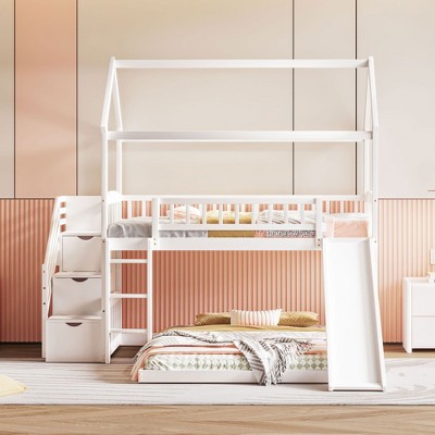 NicBex Twin over Twin Bunk Bed Classic House Shape Loft Bed Pine Frame Bed Frame with Guardrails, Convertible Slide and Storage Stair