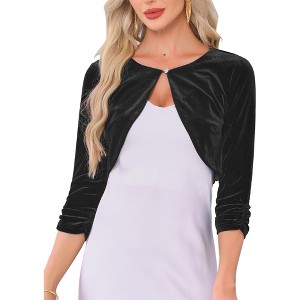 Allegra K Women Velvet Crew Neck Cropped 3/4 Sleeve Shrug Cardigan - 1 of 4