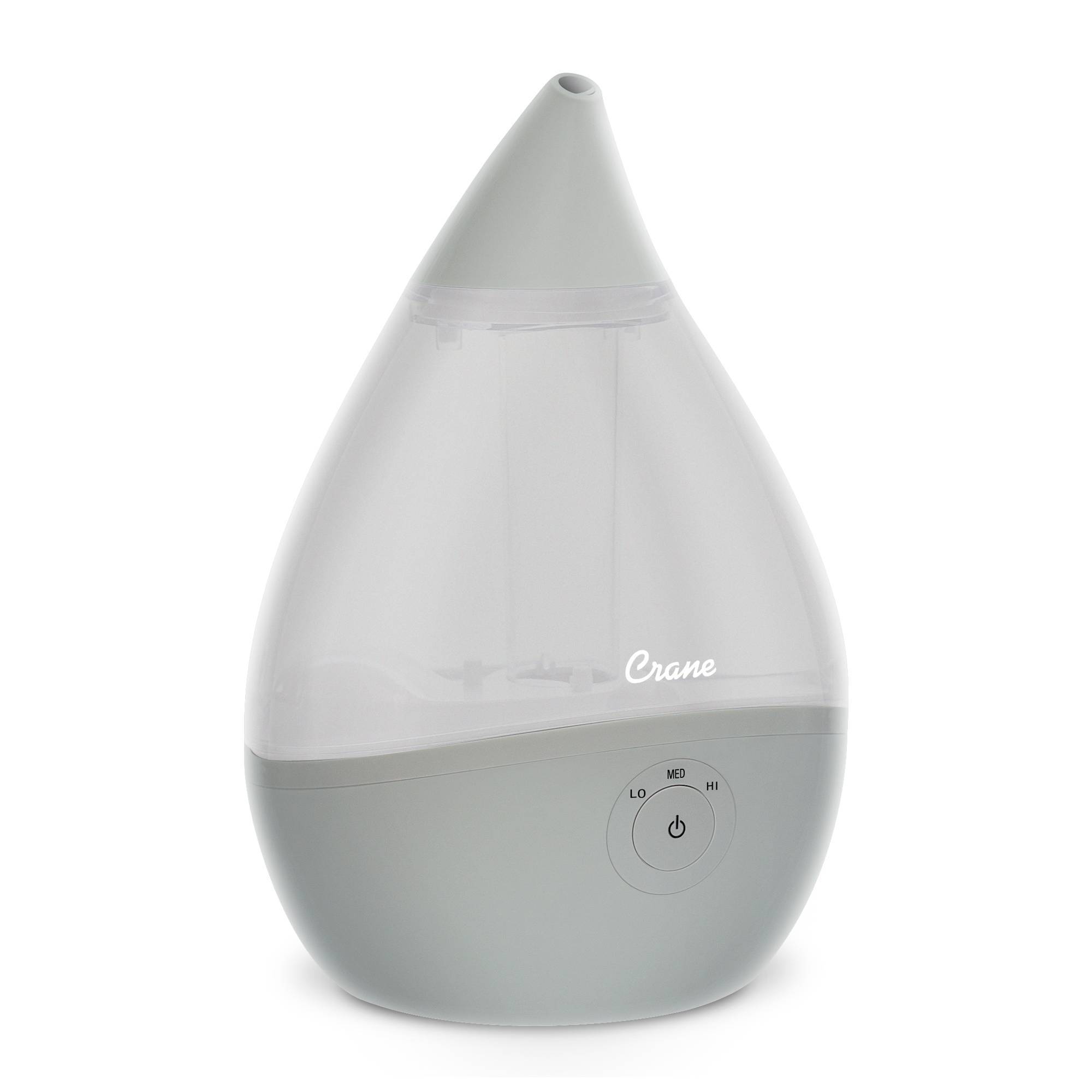 Crane Droplet Ultrasonic Cool Mist Humidifier - Gray: Aromatherapy Option, Quiet Operation, Automatic Shut-Off, 100-300 Sq. Ft.