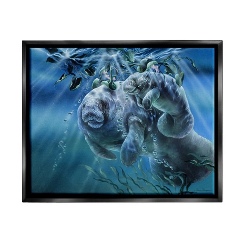 Stupell Industries Manatees Underwater Sun Rays Framed Floater Canvas Wall  Art, 17 x 21