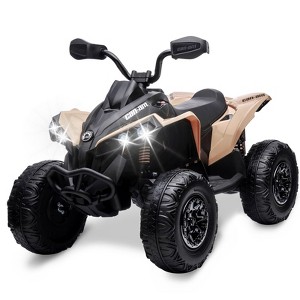 12V Ride on Toy 4 Wheeler Quad Electric Vehicle, with LED Lights, Spring Suspension, Music, USB, Treaded Tires, Red - 1 of 4