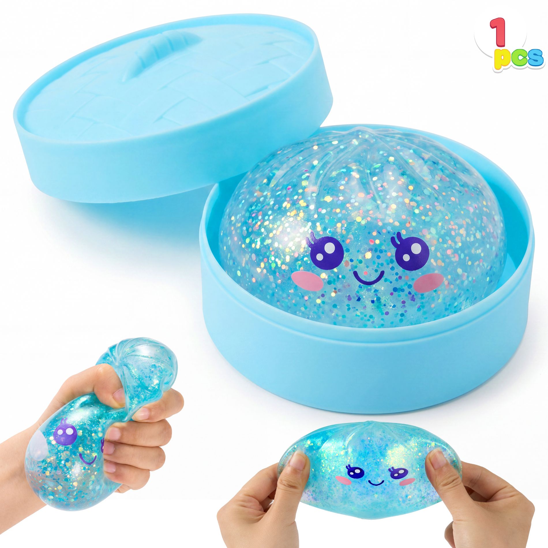 Joyfy Blue Glitter Dumpling Squishy,Stress Relief Toy,Quick Rising Fidget Sensory Toys, Soft Squeeze Toy for Adults Kids, Birthday Gifts, Party Favors