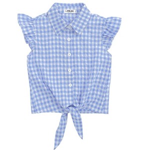 Girls Sleeveless Plaid Button Down Shirt Summer Crop Tops Tie Knot Ruffle Sleeve Shirt Blouse 3-12Y - 1 of 4