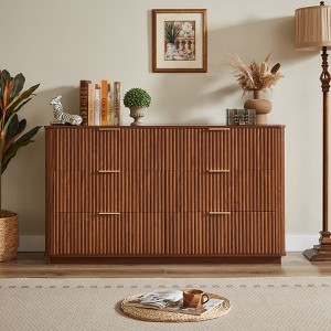 LOVSON 6 Drawer Storage Chest, 55" Wide Modern Chest of Drawers Curved Wave Design,Wood Drawer Organizer for Bedroom, Living Room, Hallway, Walnut - 1 of 4