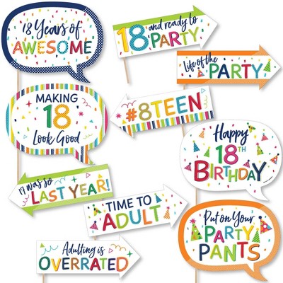 Big Dot of Happiness Funny 18th Birthday - Cheerful Happy Birthday - Colorful Eighteenth Birthday Party Photo Booth Props Kit - 10 Piece