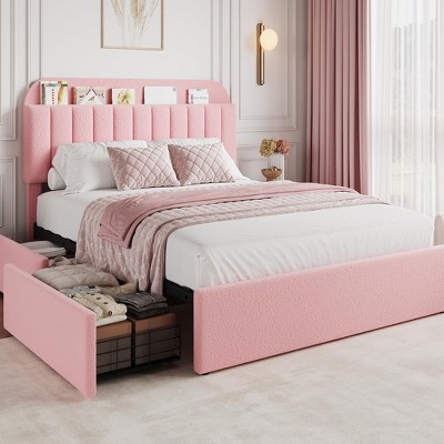 Twin Bed Frame with Storage Headboard, Girls Bed Frame with 2 Drawers