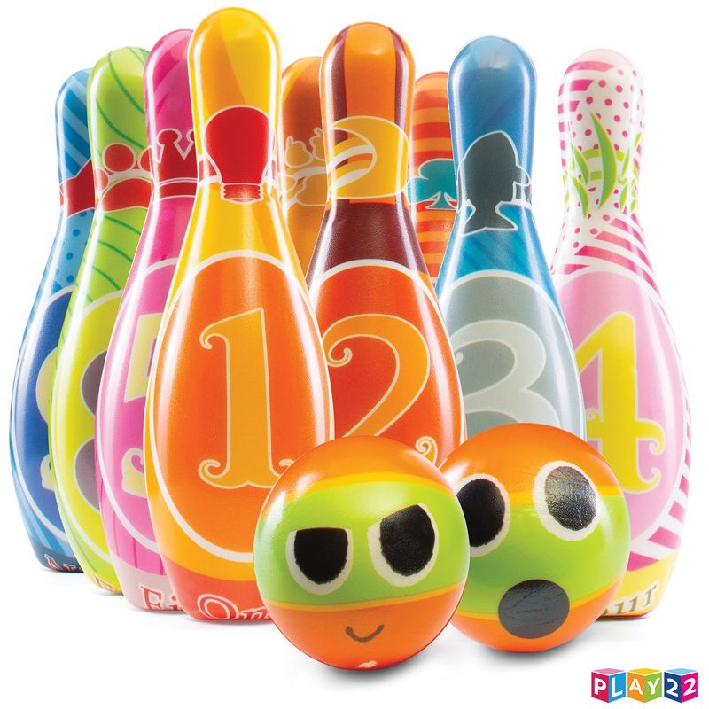 Kids Bowling Set 10 Pins with Carrying Bag - Colorful 12 Piece Toy Bowling Sturdy Soft Foam Set - Play22usa, 1 of 8