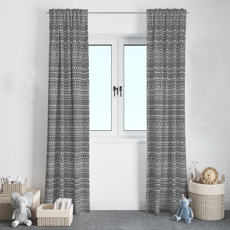 Bacati - Grey Scribble Neutral Cotton Printed Single Window Curtain Panel, 4 of 6