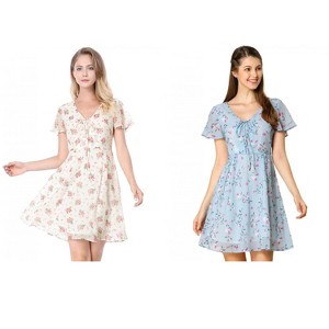 Allegra K Women's Floral Printed Flare Short Sleeve Lace-up V Neck A-Line Chiffon Dress 2 Packs - 1 of 4