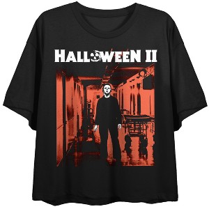 Halloween II Logo, Michael Myers on reddish hospital background on Black Short Sleeve Adult Crop T-Shirt - 1 of 3