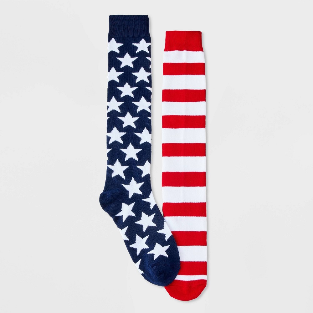 Women's American Flag Knee High Socks - Navy/Red/White 4-10: Lightweight Knit, Banded Cuff, Star Pattern